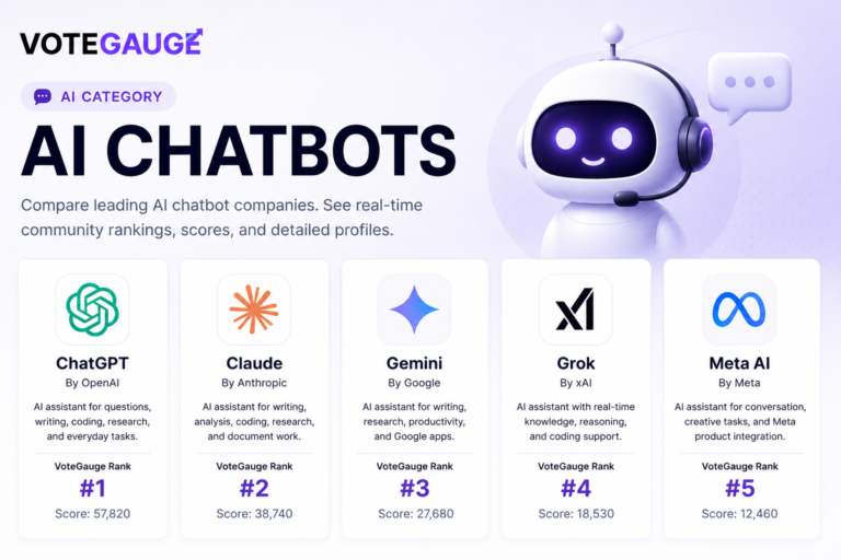 AI chatbot category featuring ChatGPT, Claude, Gemini, Grok, and Meta AI on VoteGauge