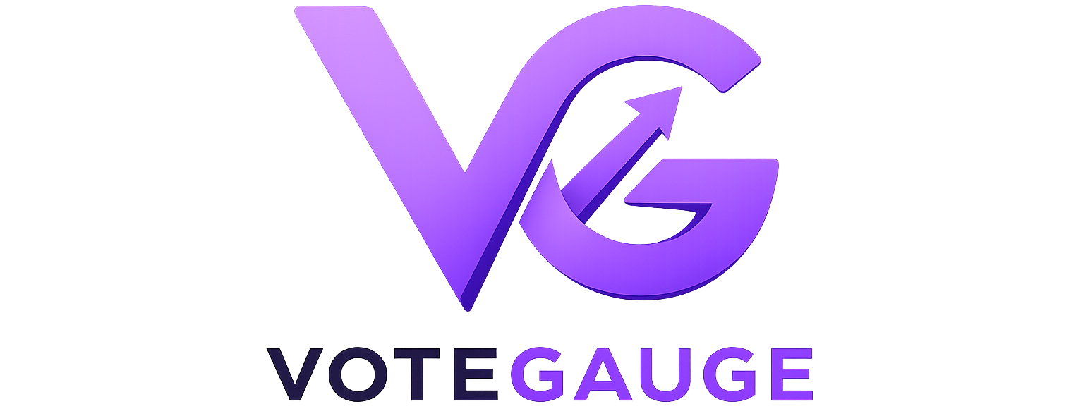 VoteGauge VG logo with upward ranking arrow and purple wordmark