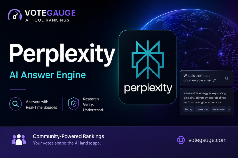 Perplexity AI answer engine feature image with VoteGauge branding and connected research graphics